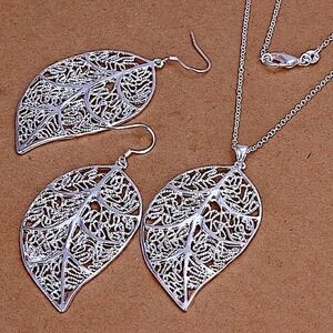 Sterling Silver Feather Necklace Earrings Set